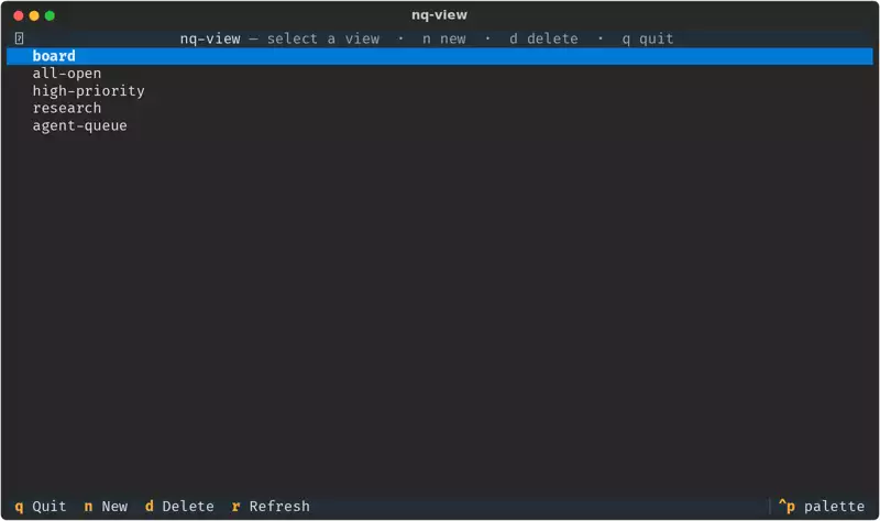 Screen recording of the nq-view terminal UI: view picker, note board with live filtering, and note detail with metadata and markdown body