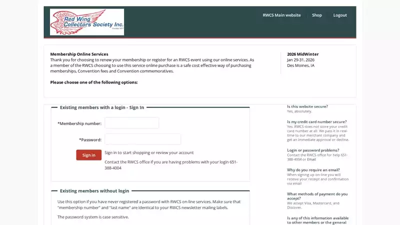 Screen recording of the RWCS member portal: sign-in, admin reports, and membership renewal shop